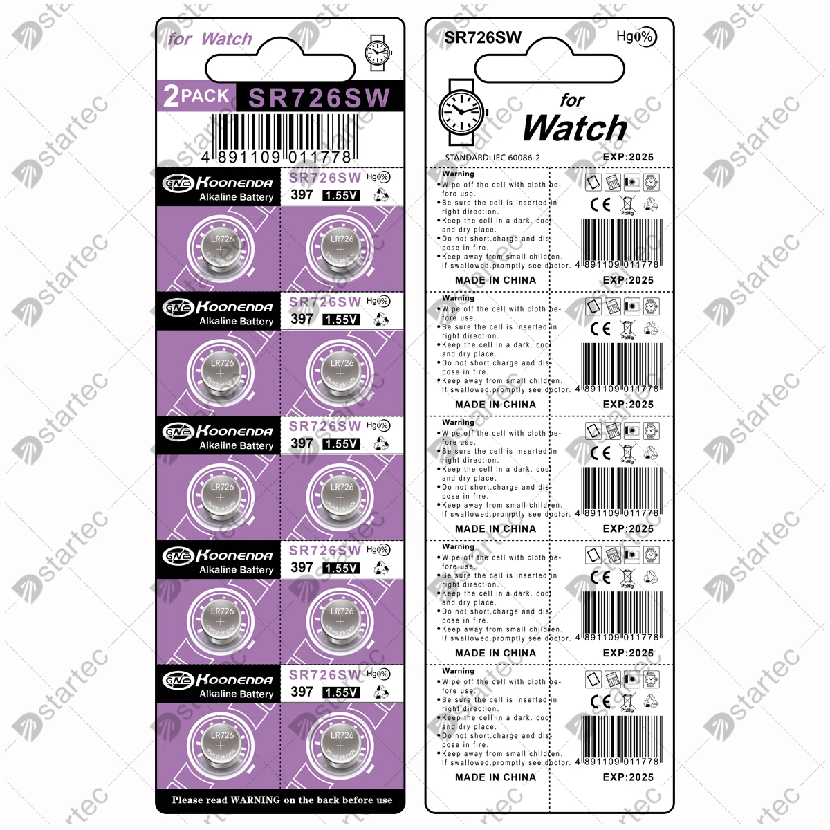 Koonenda LR726 AG2 1.55V Alkaline Button Battery, SR726SW 397 396 L726 RW411 G2 SR726 397A CX59 Coin Cell for Watch Clock Remote