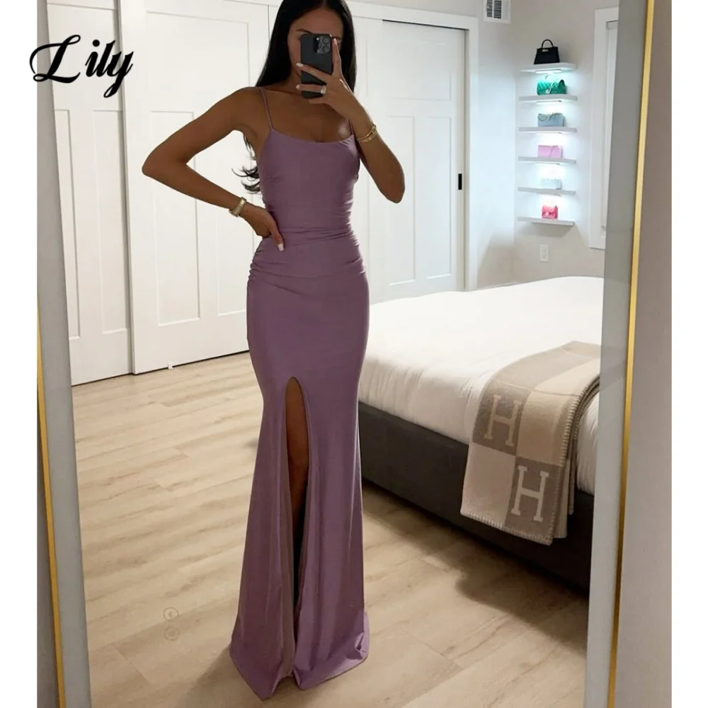 Lily Purple Sexy Prom Dresses Scoop Backless Sleeveless Prom Gown Satin Side High Split Formal Gown for Woman 프롬 드레스 Customized