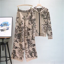 Autumn Winter Floral Jacquard Knitted Two Piece Set For Women Casual Loose Hooded Cardigan Coat + Wide leg Pants Sets Tracksuit