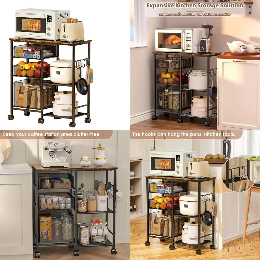 

3-Tier Kitchen Storage Cart with Drawers and Wooden Top, Metal Wire Utility Cart with Lockable Wheels