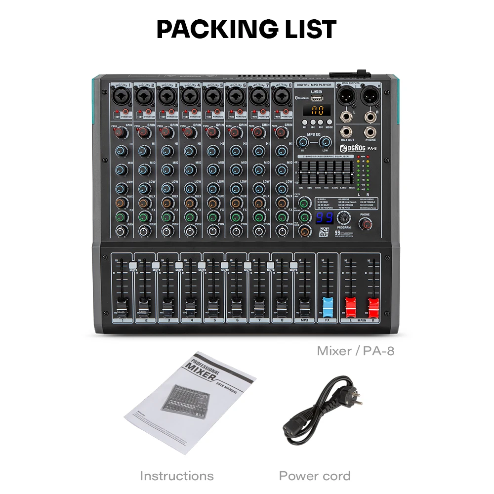 Profession elle 8-Kanal-Audio-Mixer dgnog PA-8 Sound-Mischpult mit 48V Phantoms peisung Bluetooth 99dsp für Bühnen leistung