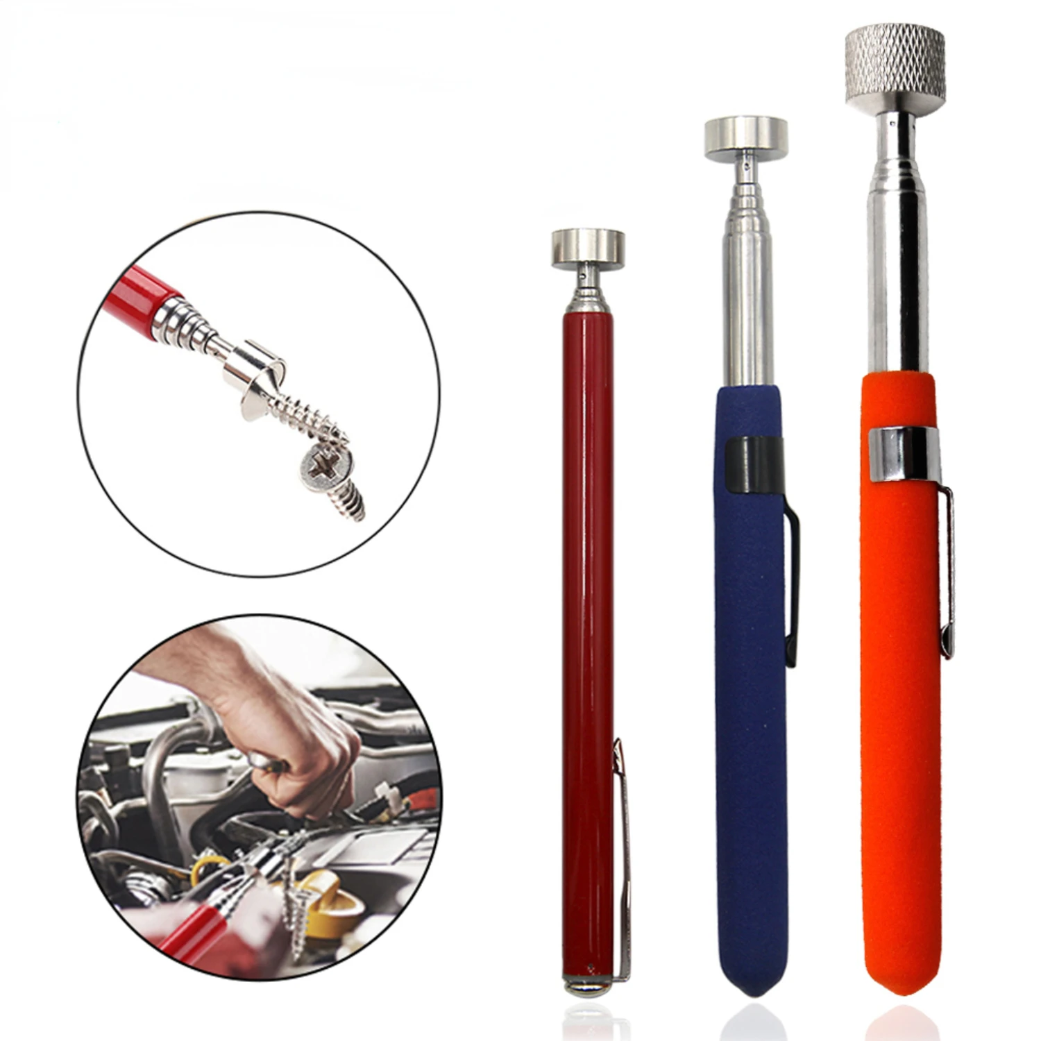 Portable, convenient and versatile automotive repair tools with retractable multifunctionality for pickup, suction, iron rod, ex