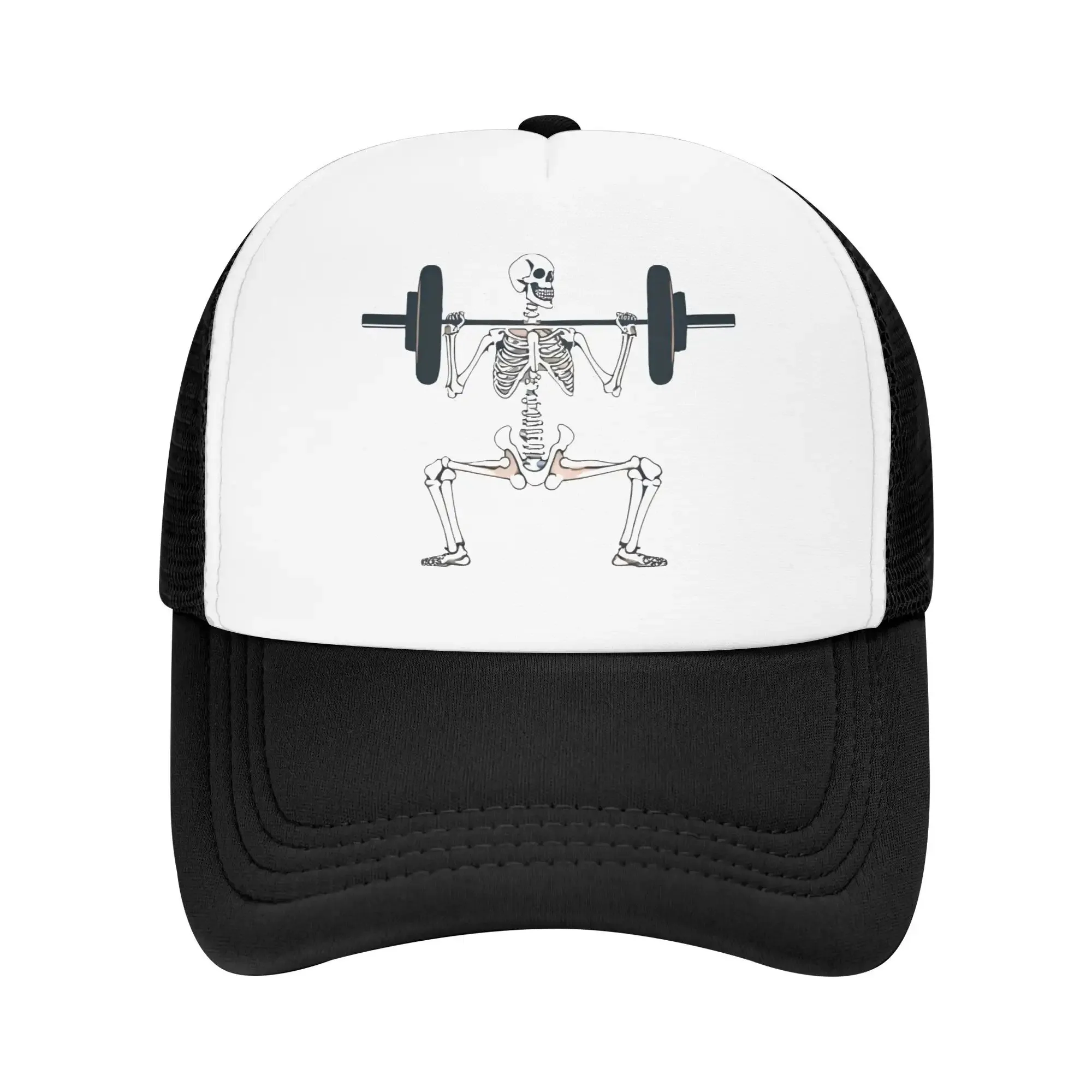 Weightlifting Skeleton Squat Graphic Trucker Hat Breathable Mesh Snapback Cap Outdoor Unisex