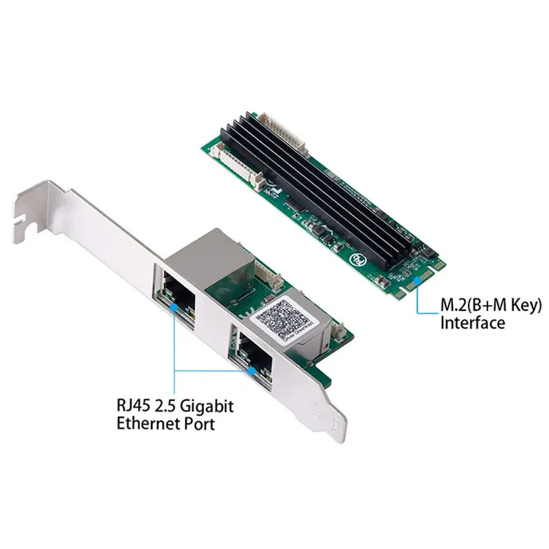 Network Card M.2 to 2 Ports RJ45 2.5G Gigabit Ethernet Adapter NIC 2500mbps B/M Key M2 22*80mm Size RealTek RTL8125B for Desktop