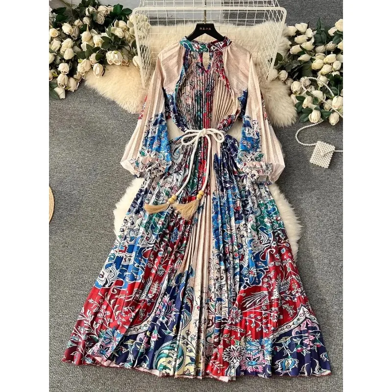 

2024 new vintage palace style printed women's long dress fashion loose robe women swing fringe belt pleated skirt