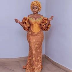 Burnt Orange Aso Ebi Lace Prom Dresses Long Mermaid Off the Shoulder African Lace Dress 2023 Elegant Nigerica Wedding Gowns Plus