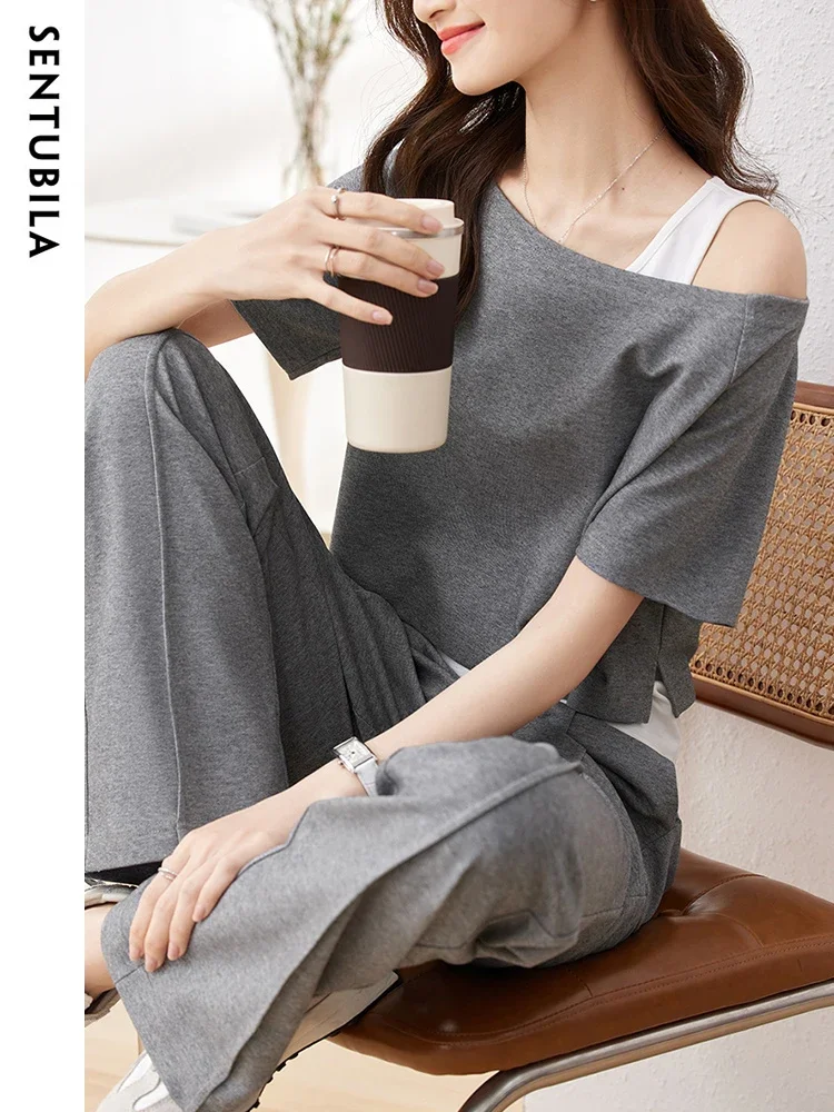 SENTUBILA 3 Piece Pant Sets Casual Sports Tracksuit Women 2024 Summer Home Suit Tank Top Crop T-Shirt Wide Leg Trouser 132Z48439