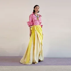 Ribbon Tie Long Skirts Yellow And Beige Girls Satin Skirts Formal Wear Birthday Party Gowns Floor Length Lady Skirt 2024