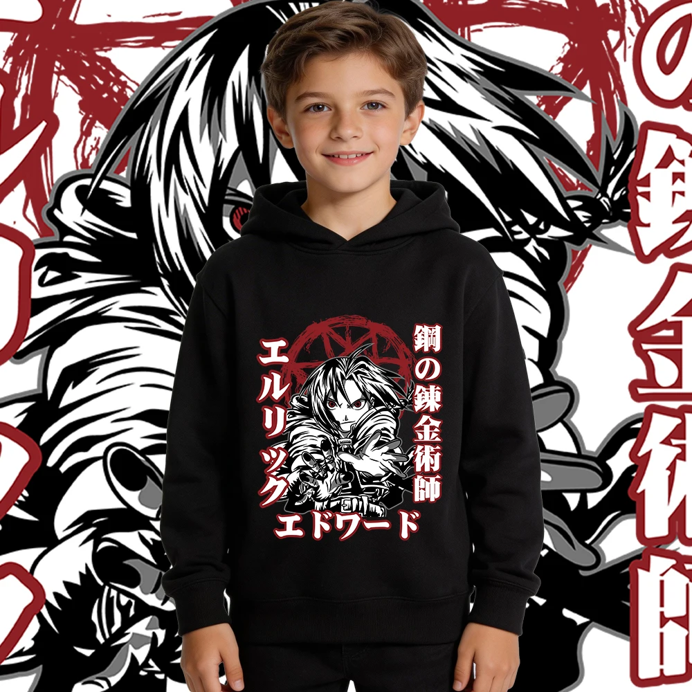 Full Metal Alchemist Edward Elric Anime Print Hoodie Kids Boys Girls Fleece Lined Autumn Winter Warm Pullover Hooded Sweatshirt