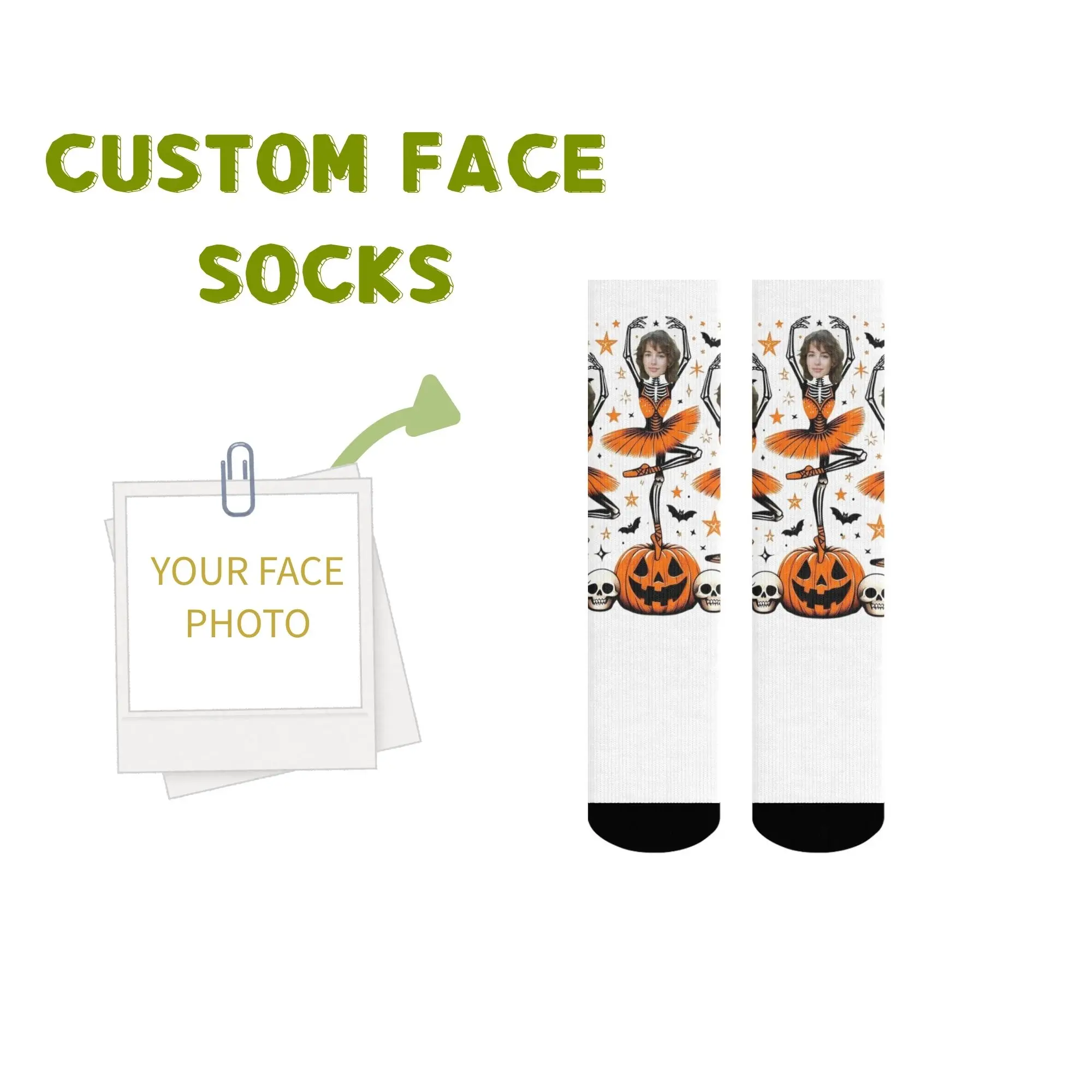 

Custom Halloween Face Crew Socks with Skeleton Ballerina & Jack-O'-Lantern Personalized Funny Novelty Gift for Halloween Lovers