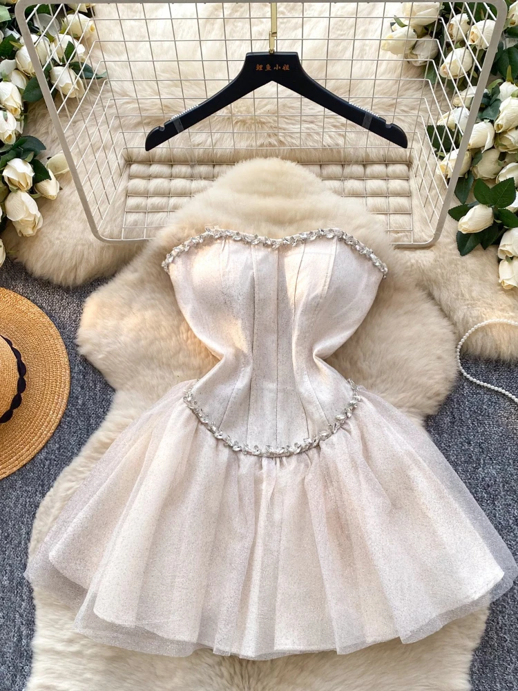 프렌치 스위트 섹시 라인스톤 스트랩리스 드레스 여성 슬림 메쉬 이브닝 가운 럭셔리 엘레강트 핫 걸 파티 의상 레트로 시크 스타일