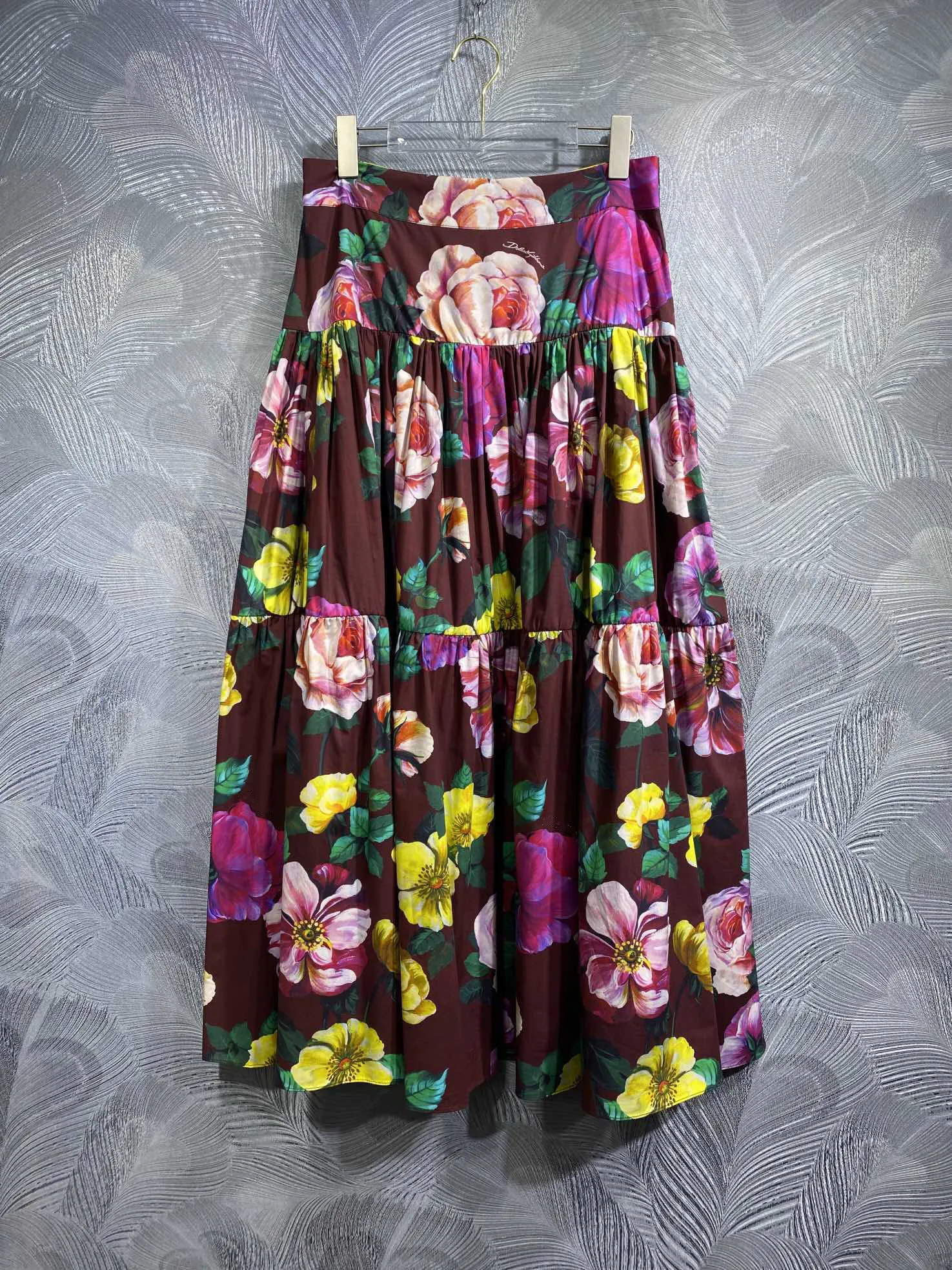 

2024 Spring/Summer New Women's Wear Cotton Flower Printed Waist-Controlled Pleated Large Skirt Long Skirt 0330