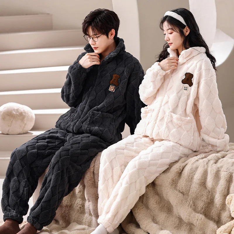 Flannel Couples Pajamas Set For Men Women Winter Long Sleeves Sleep Top & Pant Homewear Female Male Zipper Night Clothing hombre