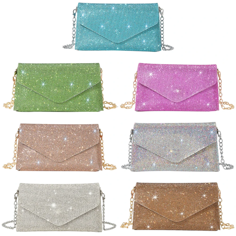 

Rhinestone Prom Shoulder Bag Chain PU Envelope Clutch Bag Elegant Gorgeous Exquisite Fashion Embellished Banquet Crossbody Pack