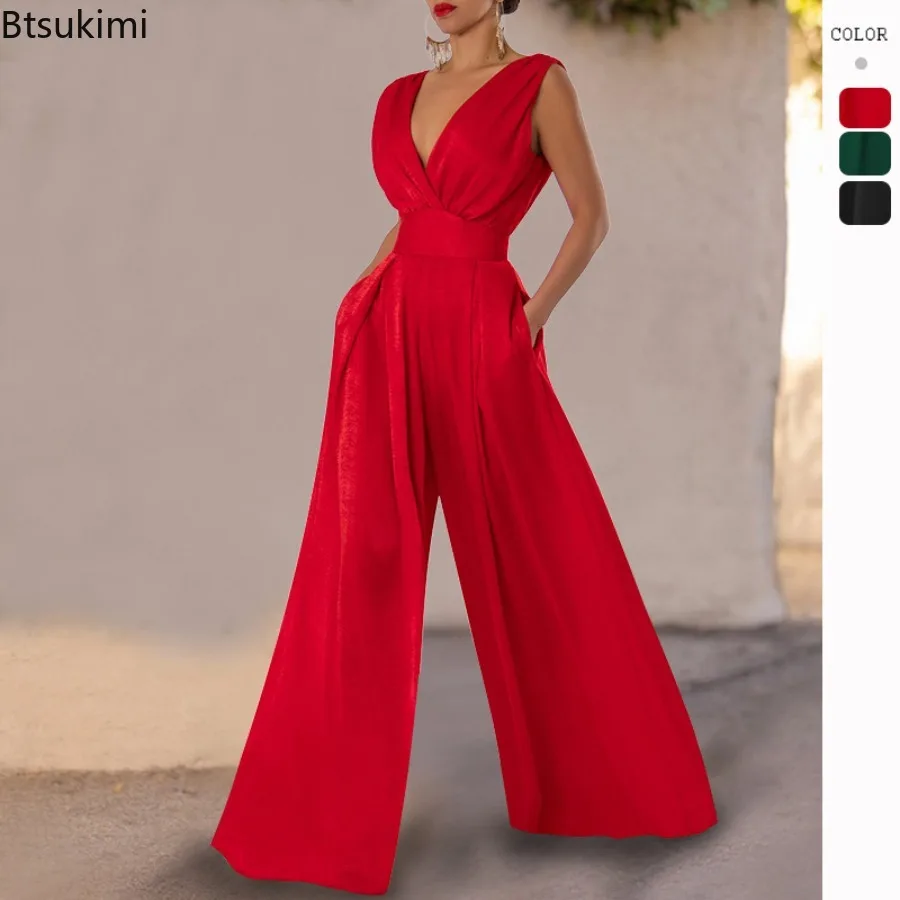

2026 Women's Elegant Jumpsuits Summer Sexy Deep V Slim High Waist Jumpsuits Fashion Sleeveless Wide Leg Rompers Female Overalls
