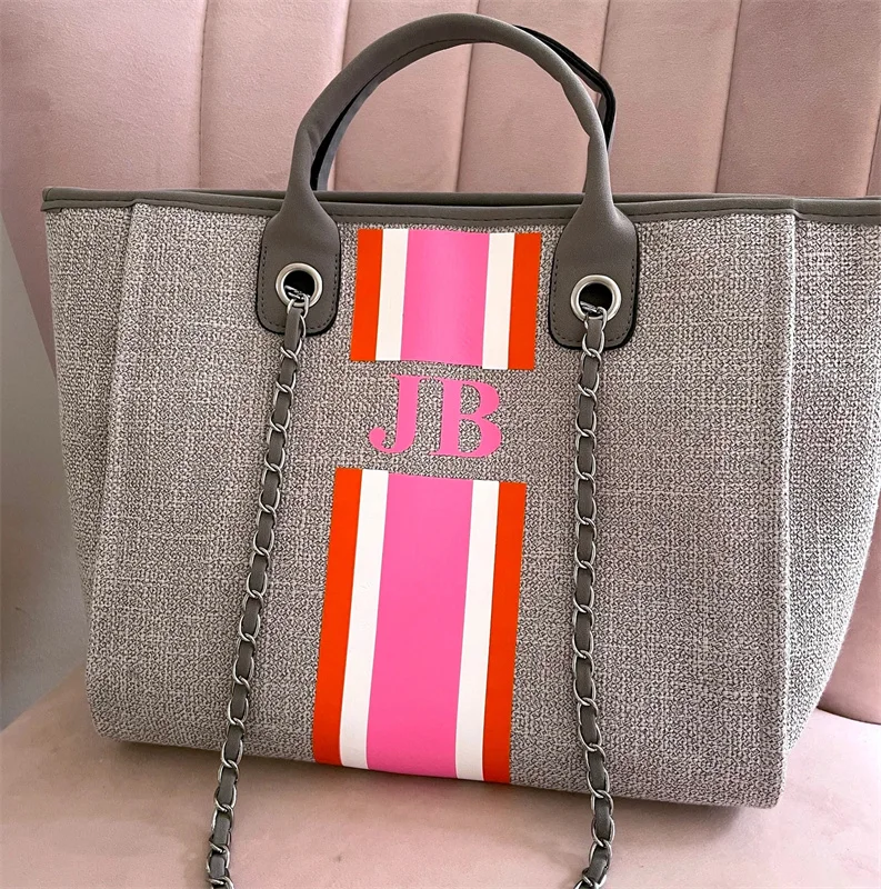 

Monogram Tote Bag Canvas Personalized Customised Orange Pink White Chain Handbag Personalised Stripe Initials Beach Holiday