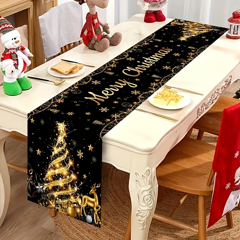 1pc Sparkly Christmas Table Runner with Golden Tree & Reindeer, Ideal Christmas Festival Gift for Adding Festive Glamour