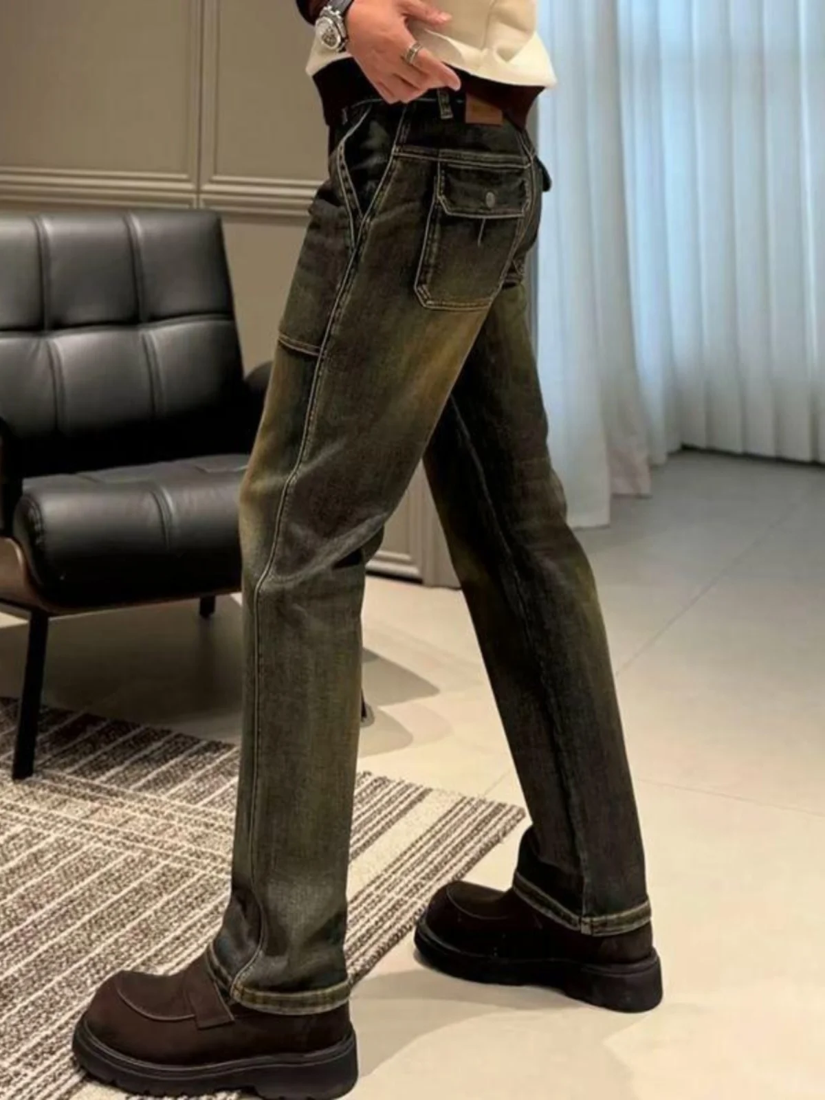 

Retro Waed Distred Straight Leg Jeans Men's Casual Slimming Long Trousers Trendy Brand Youthful Fit Classic Sle