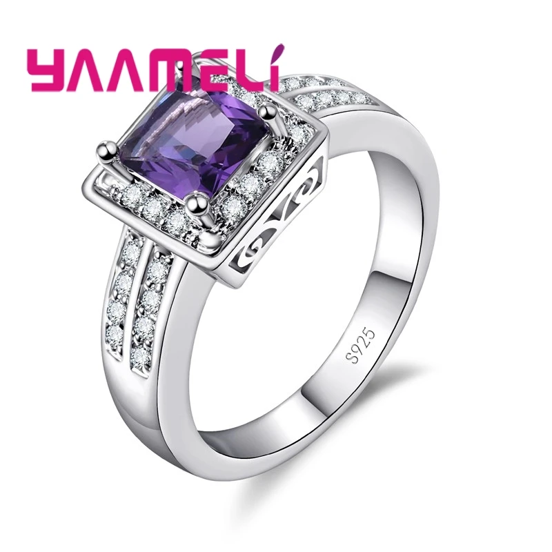 Retro 925 Sterling Silver Color Fashion Women Female Finger Rings Paved Square Clearly Crystals Anillos Jewelry For Wedding