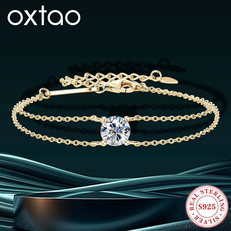 

OXTAO Fashion Double Chain Bracelet 6.5mm 1.0ct Moissanite Bracelet for Women 925 Silver Hand Chain Exquisite Girls JewelryGift