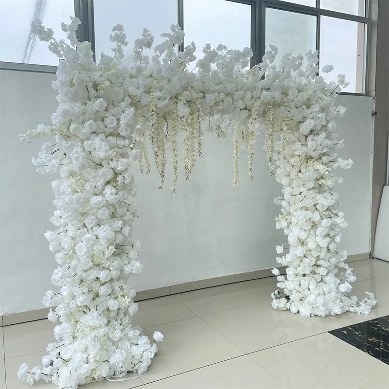 

White Cherry Blossom Rose Flower Row Runner Wedding Background Arch Deco Floral Arrangement Centerpieces Ball Hanging Flower Row