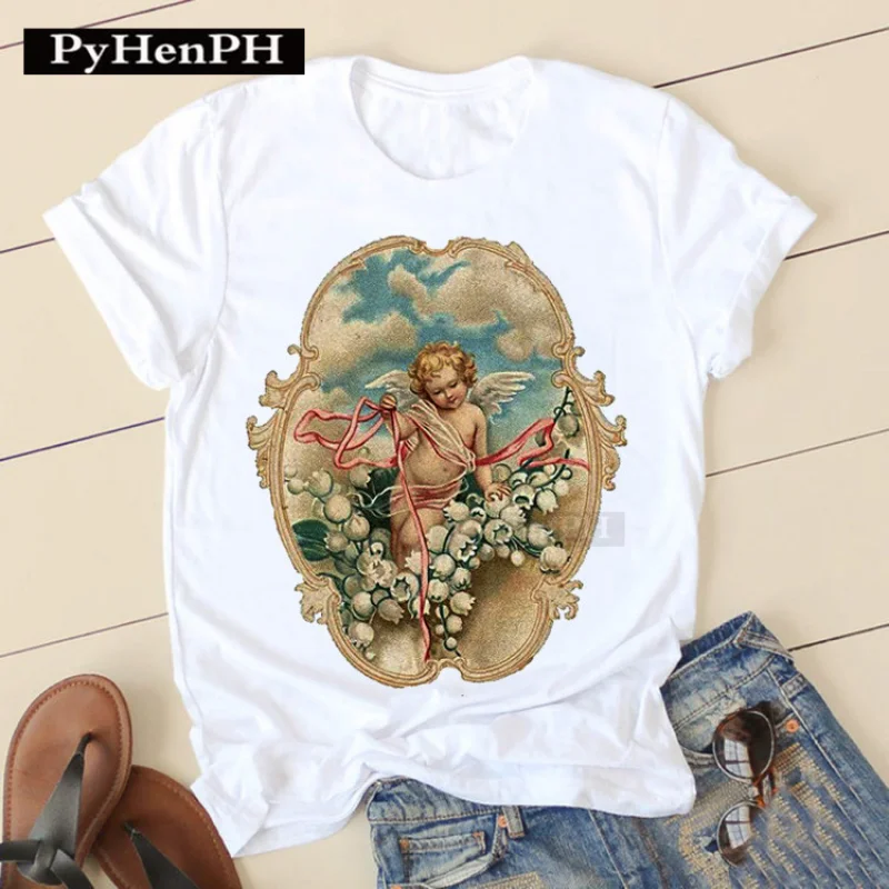 เสื้อยืดแขนสั้นผู้หญิง Angel มีสไตล์และน่ารัก เสื้อฤดูร้อนสําหรับนักเรียน และเสื้อยืดกราฟิกชั้นฐาน