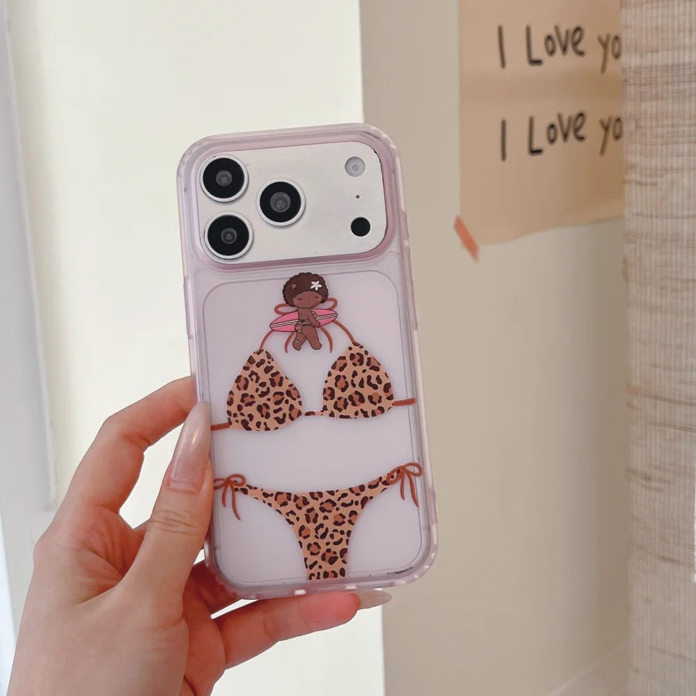 Cute Cartoon Leopard Print Bikini Phone Case For iPhone 17 16 15 ProMax Transparent Pink Border Soft Shockproof Protective Cover view 2