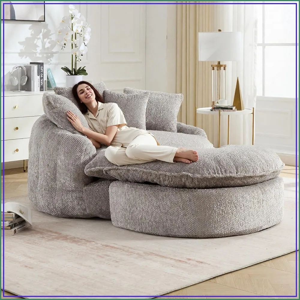 Oversized Round Boneless Lounge Chair with Ottoman Cloud Comfy