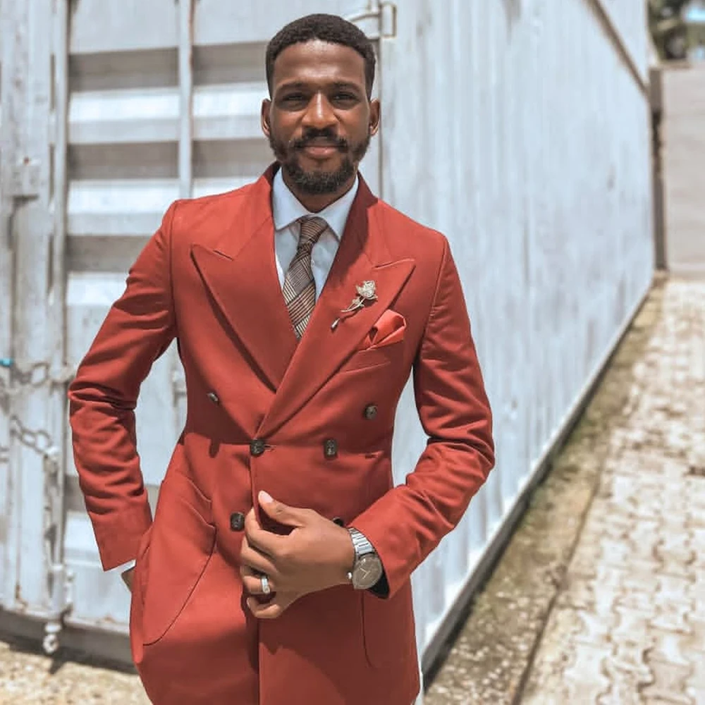 

Двубортные костюмы для мужчин, модный пиджак с пиковыми лацканами, приталенный пиджак, высококачественный комплект из двух предметов, брюки для свадебного костюма Homme