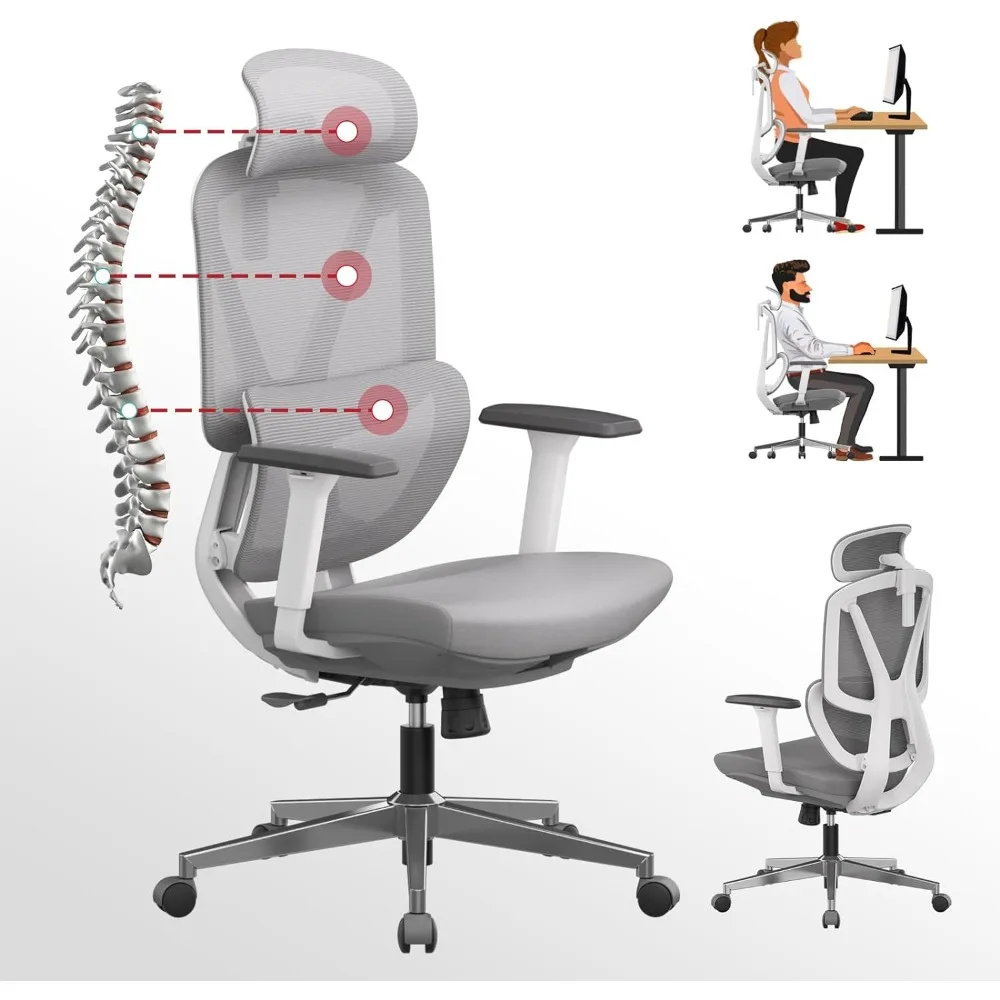 Ergonomic Office Chair High Back, 300lbs, Adaptive Lumbar Support, 2D Headrest, 4D Armrest, 135° Tilting, Mesh Computer Chair