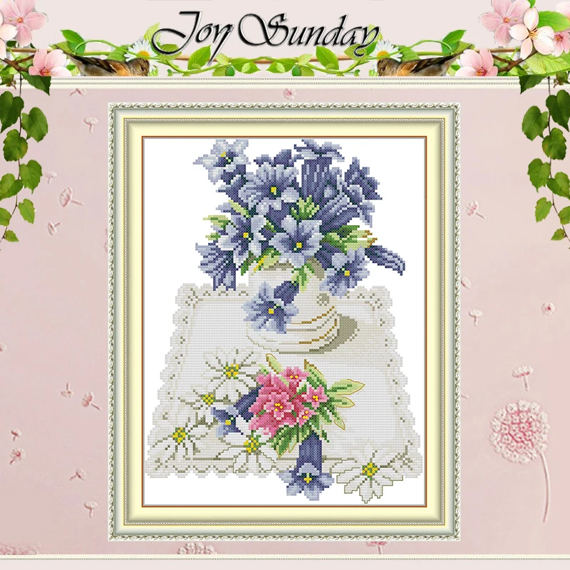 Napkin Folding Set - ชุดปักครอสติชลายดอกไม้สีฟ้าบนผ้าลูกไม้ แบบปักครอสติช 11CT 14CT 16CT พร้อมลายปักสำเร็จรูป