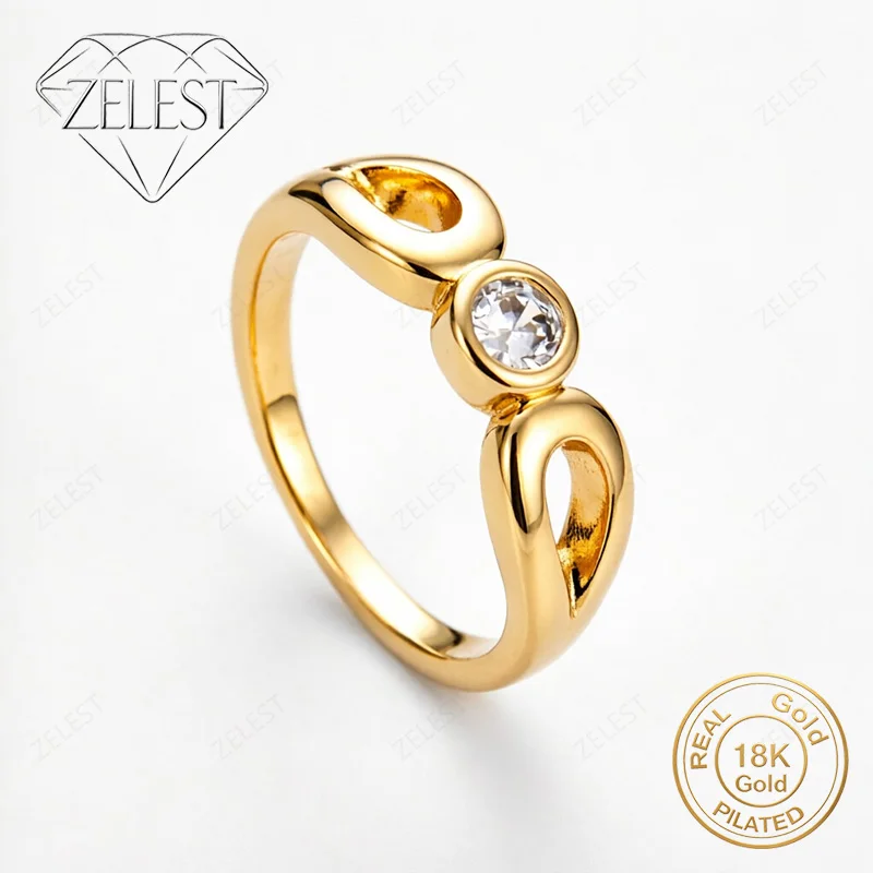 

925 Sterling Silver 18K Gold Plated 8# Exquisite Round Zircon Ring Women Fashion Wedding Party Gift Jewelry