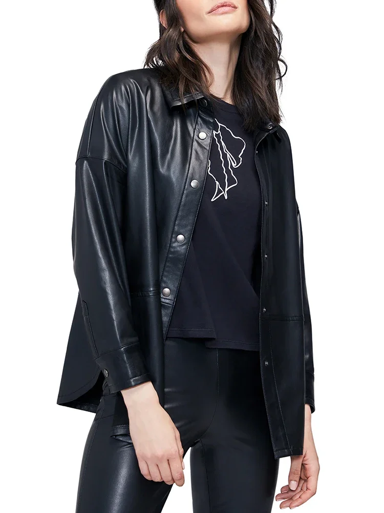 Women Black Faux Leather Jacket Shirt Coat Lady Single Breasted Turn-down Collar Splicing PU Outcoat Fashion Casual Tops Custom