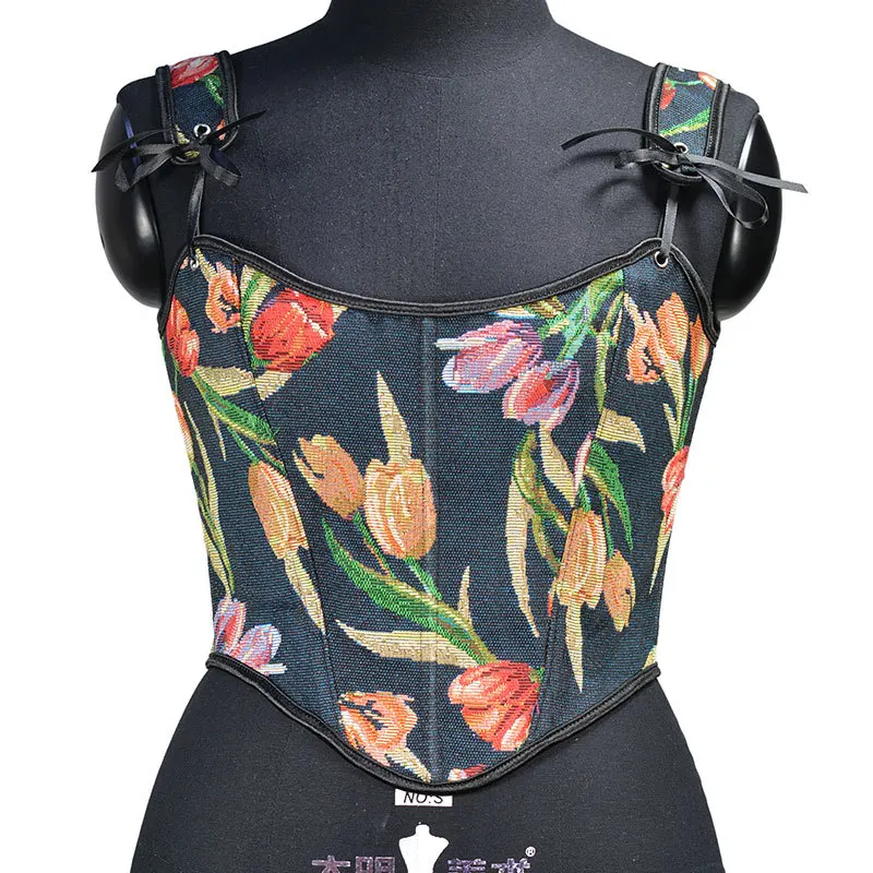 Chrysanthemum Women Pink Corset Tank Top Slimming Body Shaper Lace Up Tied Waist Trainer Girdle Teen Girl Victorian Bustier