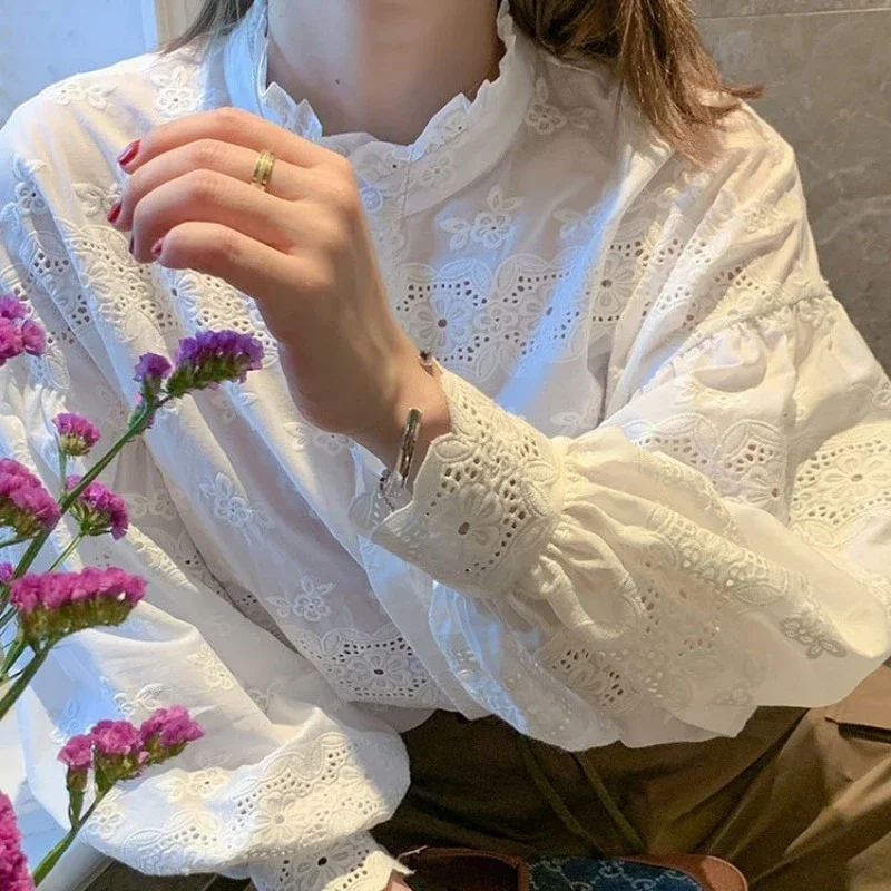 Vintage Embroidered Puff Sleeve Lace White Shirt Women Fashion Slim Cotton Blouse Woman Casual Floral Elegant Female Tops 30131