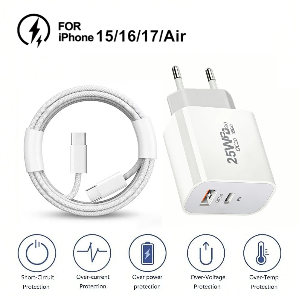 25W PD USB-C Fast EU Charger For iPhone 15 16 17 Pro Max 15 16 Plus 16e Type-C to Type-C Quick Charging Braided Cable 1m 1.5m 2m