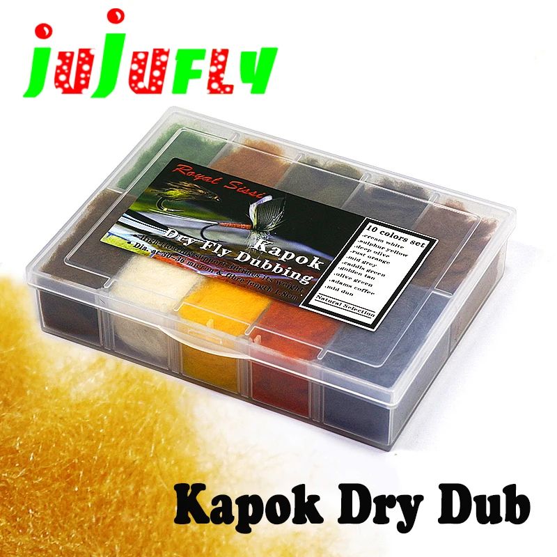 

jujufly new developed Kapok dry fly dubs in 10colors dispenser quick-drying buoyant short fibre dubbing materials natural select