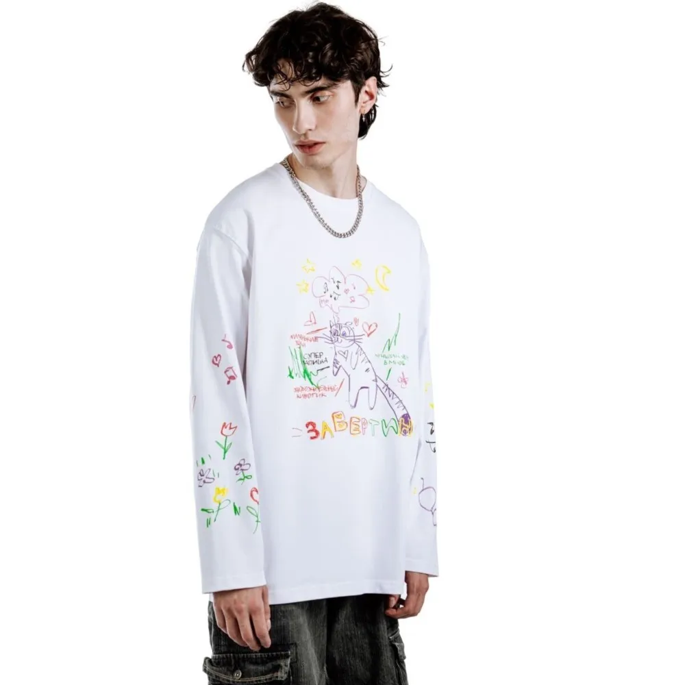 Oversized Men\'s Clothing Streetwear Cartoon Cat Print Autumn Hip Hop Korean Long Sleeve Y2k Top Tee Cotton Graphic Unisex Tshirt