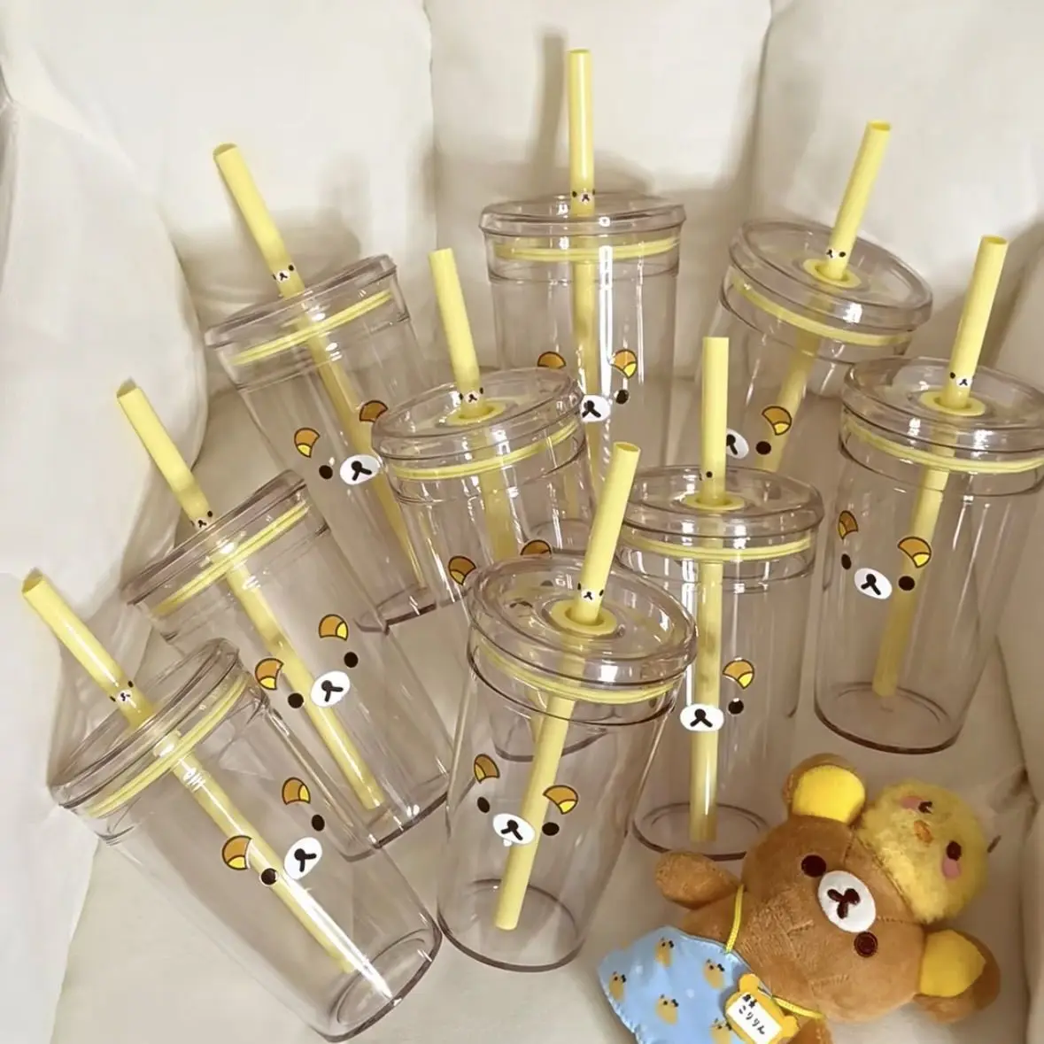 Vaso de Plástico Transparente con Pajita y Tapa, Diseño de Oso de Dibujos Animados, Gran Capacidad, Estilo Japonés, Lindo, Amarillo, Regalo para Fotos de Novia