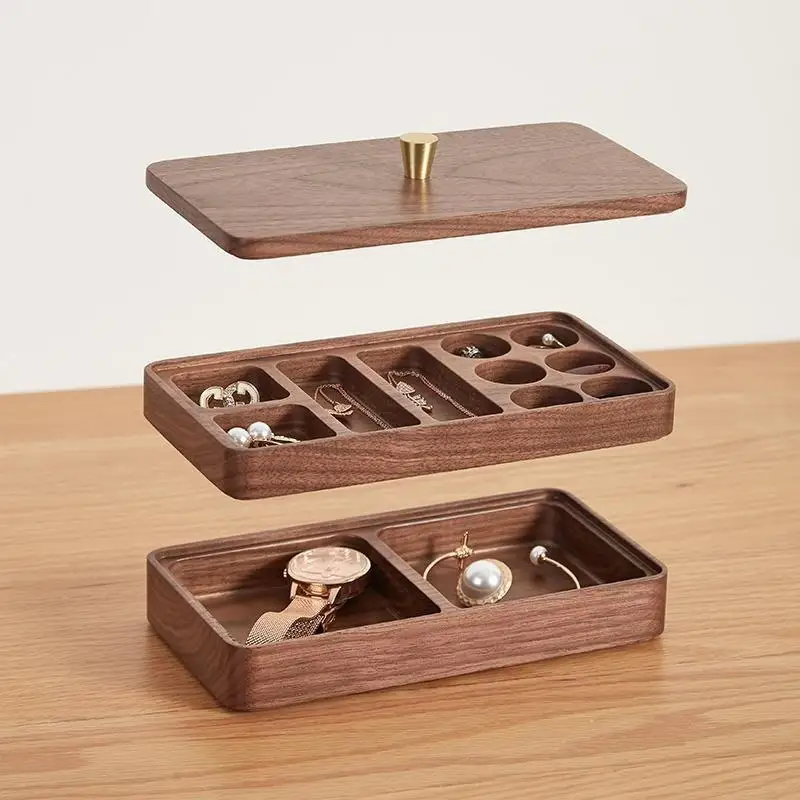 Black walnut wooden jewelry box storage box Delicate earrings stud necklace high-grade double-layer dust-proof anti-oxidation