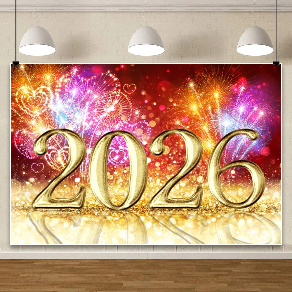 Fondo de Feliz Año Nuevo para fotografía 2026 fiesta de Nochevieja relojes con purpurina dorada champán fondos de Navidad accesorios para disparar