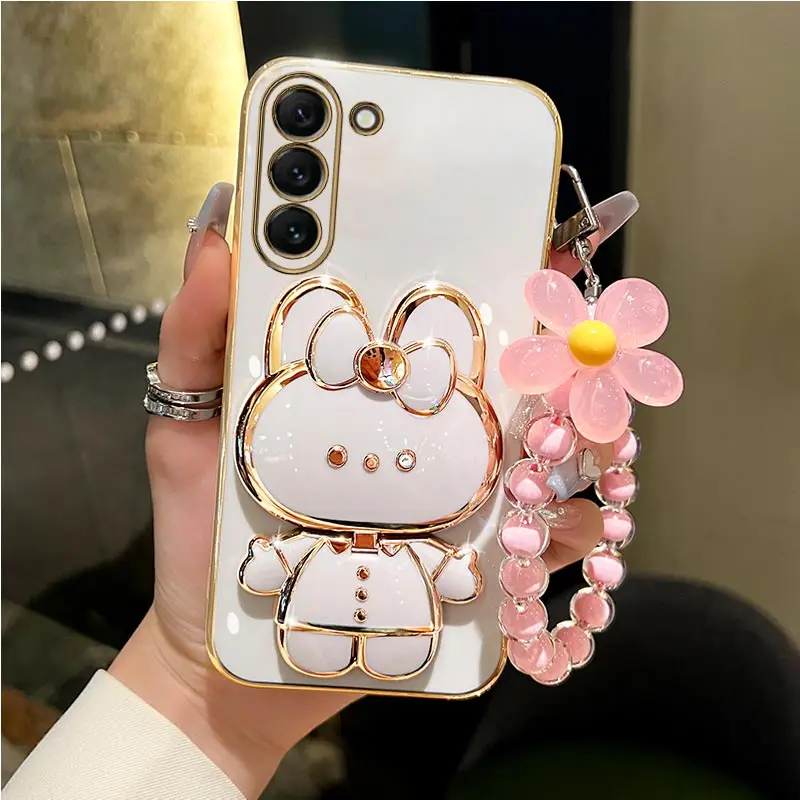 S 24 23 Make Up Mirror Rabbit Flower Strap Case For Samsung Galaxy S24 S23 FE Plus Ultra Fan Edition S24Ultra S23FE Stand Cover