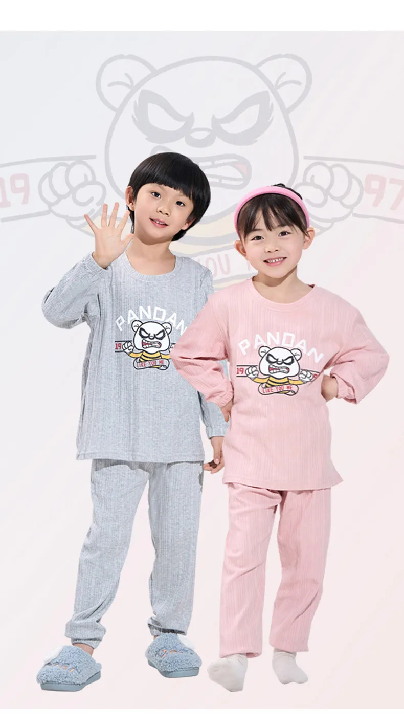 

3-18 Years Kids Spring Autumn Sleepwear 100% Cotton Grey Blue Pink Cartoon Children Girls Boys Pajamas Sets Home Wear