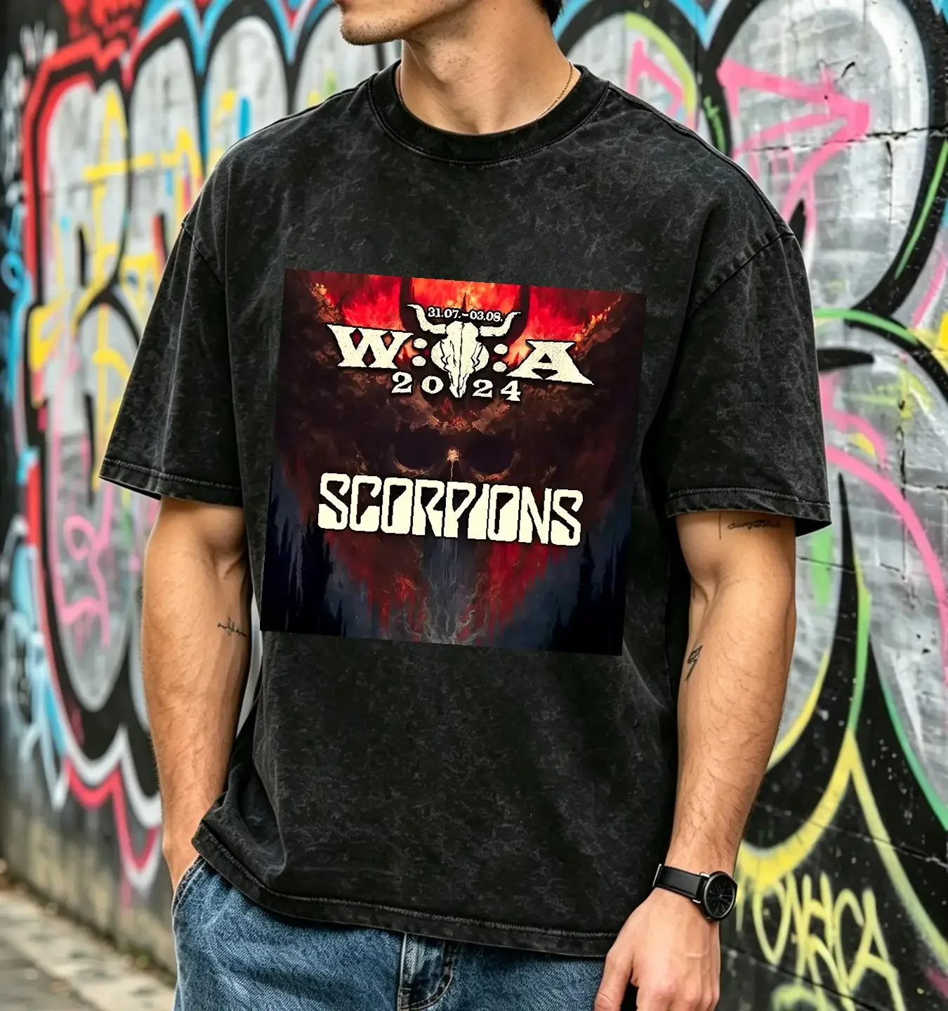 washed T Shirt Scorpions Wacken Open Air 2024 Full Size S 5XL BE2276 long or short sleeves vintage Washed Versatile graphic
