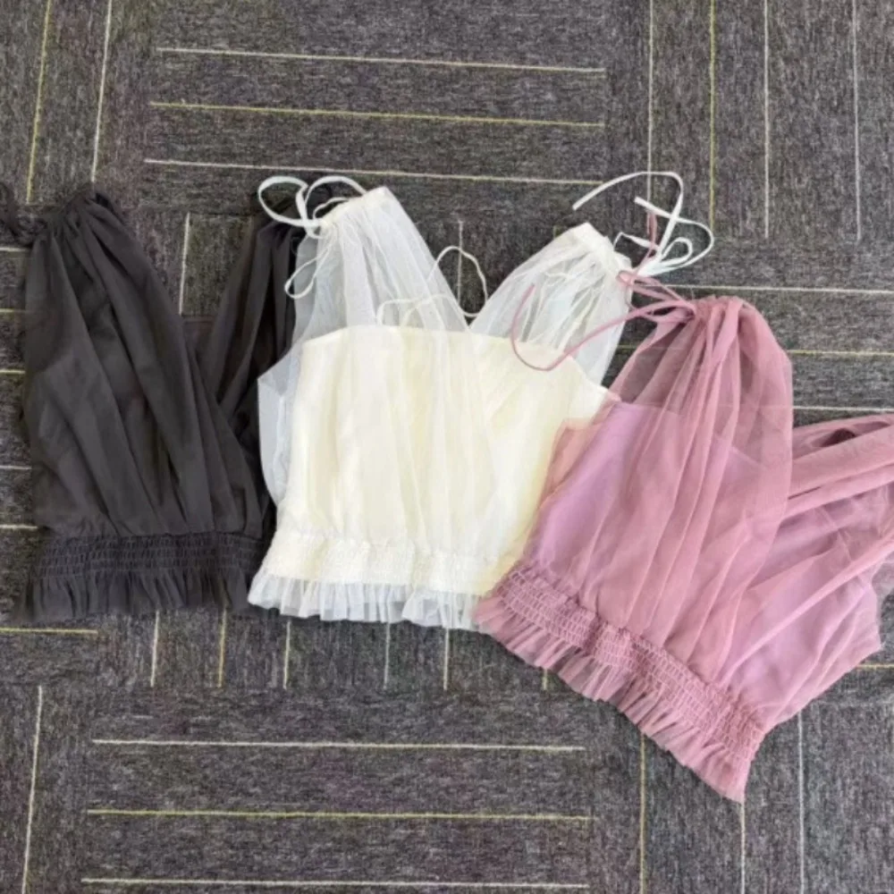 

Cross Lace Up 2025 Shirts & Blouses V Neck Voile Ropa De Mujer Japan Drawstring Blusas Ruched Camisas Summer Woman Clothing
