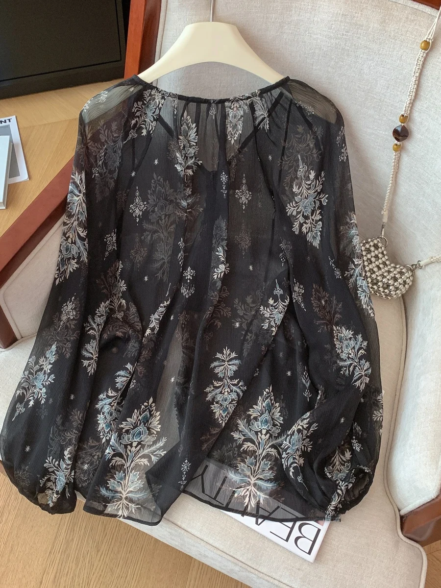 럭셔리 브이넥 긴팔 쉬폰 자수 탑 여성 패셔너블 베이스 셔츠 루즈핏 랜턴 슬리브 코튼 거즈