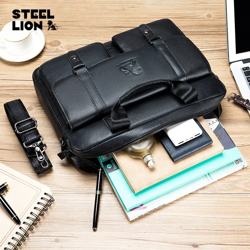 Cowhide men's briefcase head layer cowhide computer storage business large capacity hand shoulder bag