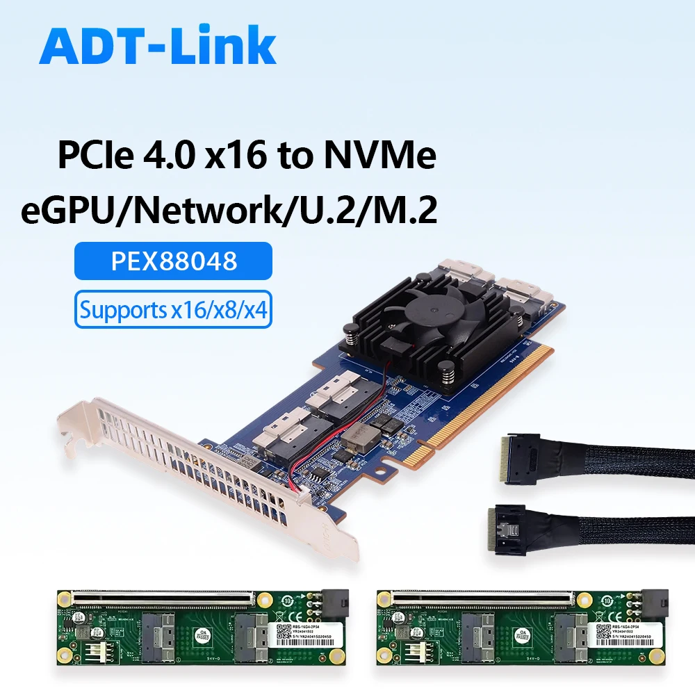 PCIe 4.0 X16 4 Port NVMe Adapter Expansion PEX88048 SFF-8654 8i Cable Riser for Graphics Card EGPU Network SSD U.2 M.2 X8 X4