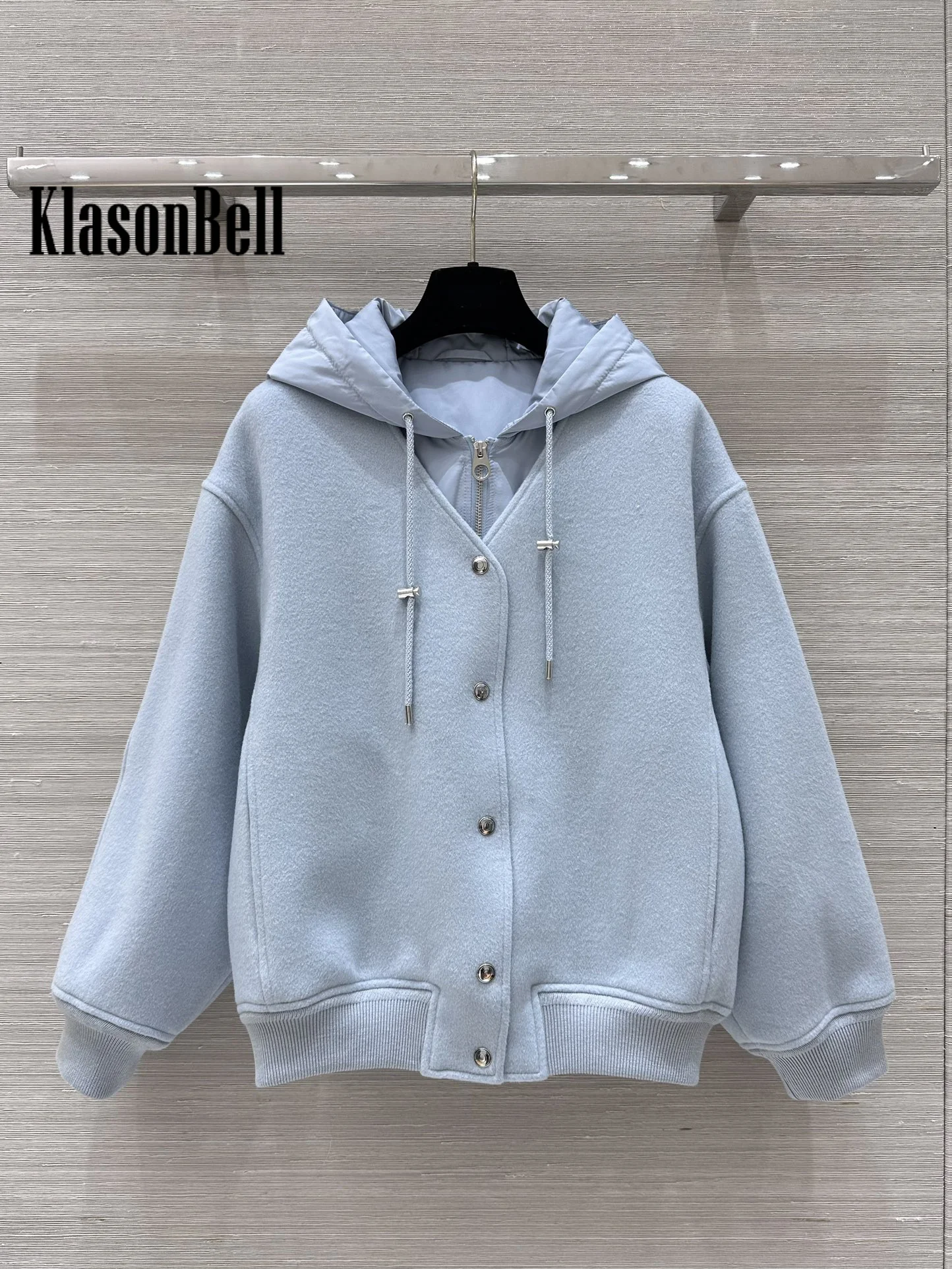 9.25 KlasonBell Women\'s Autumn Winter New Wool Button V-Neck Cardigan Jacket + Cotton Hooded Lace-up Zipper Vest Two Piece Set