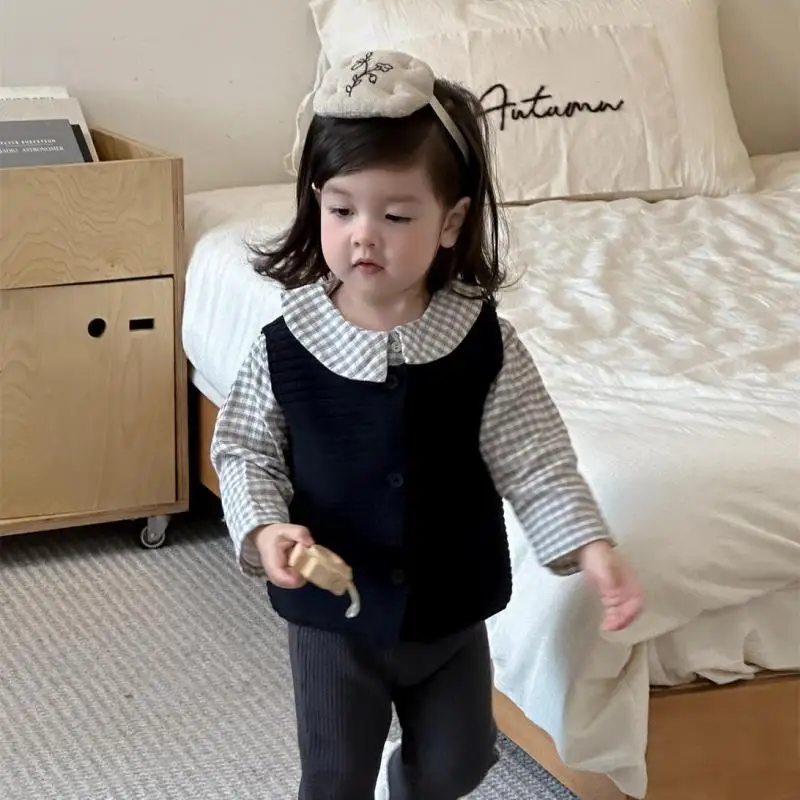 

2025 Autumn New Baby Sleeveless Knitted Vest Solid Infant Girl Versatile Sweater Cardigan Cotton Casual Coat Toddler Clothes